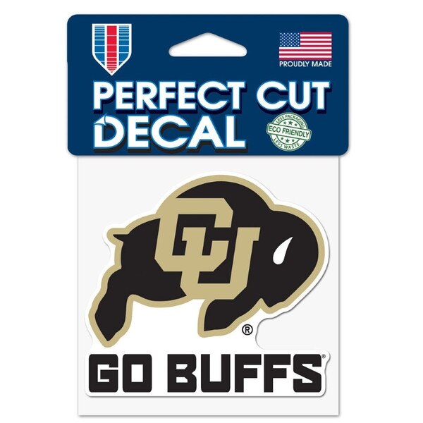A black and gold Wincraft perfect cut decal with C.U buffalo logo and "Go Buffs."